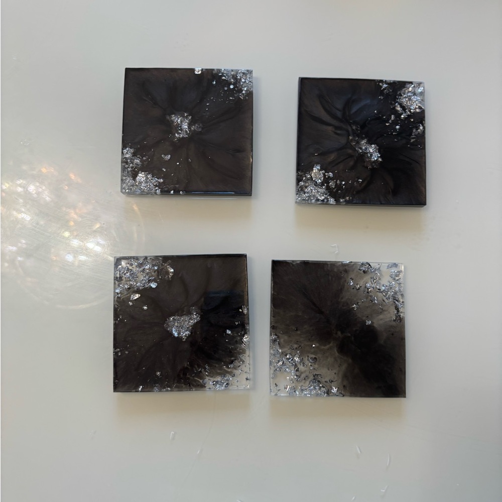 Epoxy Black and Silver Resin Coasters set of 4